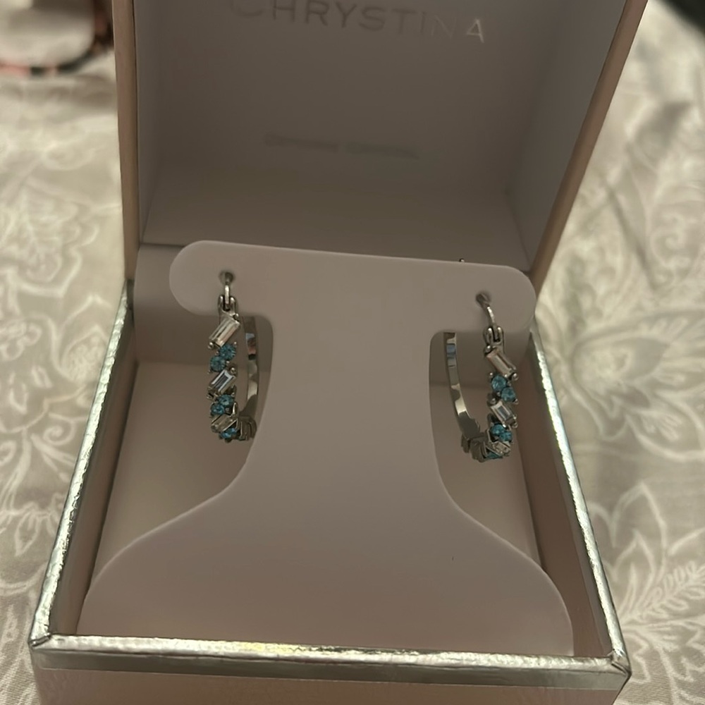 Chrystina Hoop White & Aqua Earrings NEW